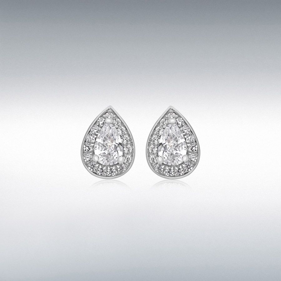 Sterling Silver Rhodium Plated White CZ Teardrop Stud Earrings