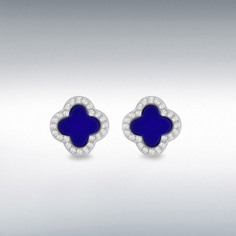Sterling Silver Rhodium Plated Clover Syn Blue Lazurite White CZ Stud Earring Sterling Silver Rhodium Plated Clover Syn Blue Lazurite White CZ Stud Earring