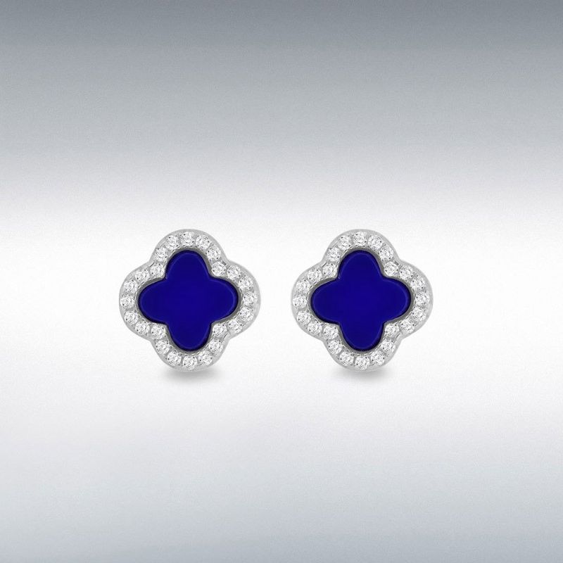 Sterling Silver Rhodium Plated Clover Syn Blue Lazurite White CZ Stud Earring Sterling Silver Rhodium Plated Clover Syn Blue Lazurite White CZ Stud Earring