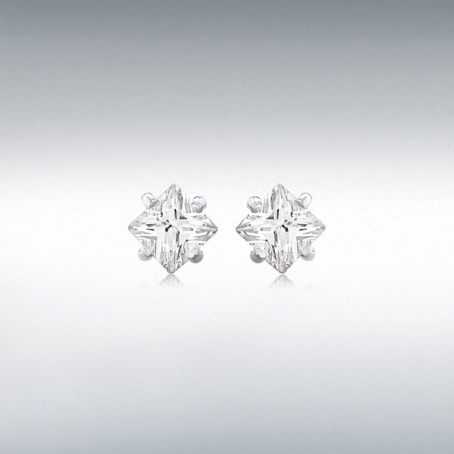 Sterling Silver Square White CZ Diagonal Set Stud Earrings