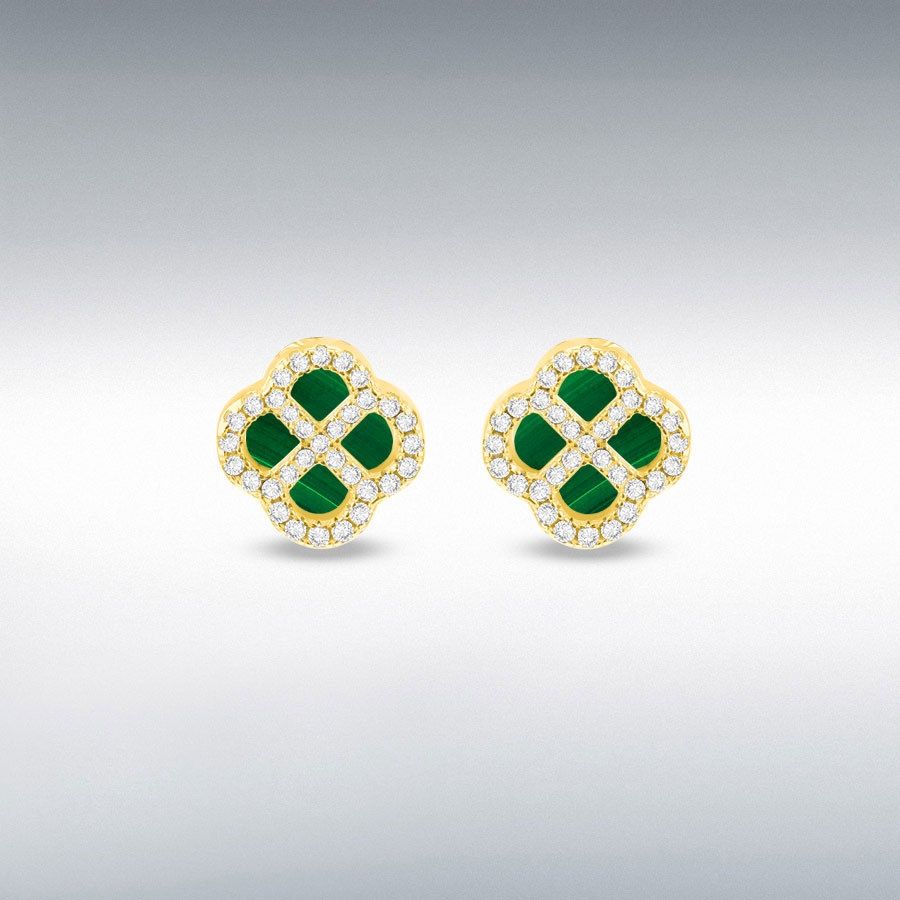 Sterling Silver Yellow Gold Plated Clover Malachite and White CZ Stud Earrings Sterling Silver Yellow Gold Plated Clover Malachite and White CZ Stud Earrings