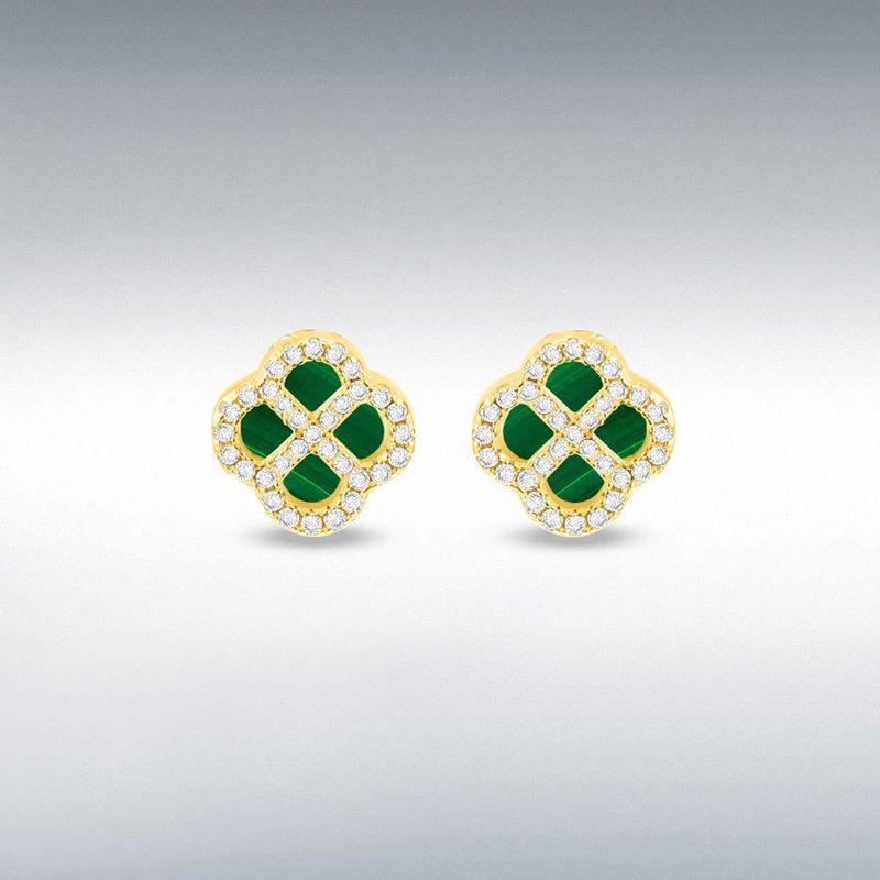 Sterling Silver Yellow Gold Plated Clover Malachite and White CZ Stud Earrings Sterling Silver Yellow Gold Plated Clover Malachite and White CZ Stud Earrings