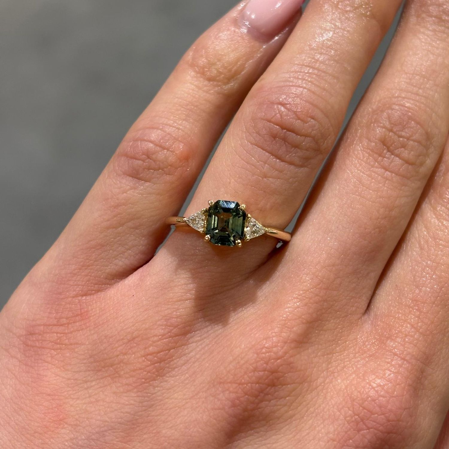 Pre-Owned 1.60ct Emerald Cushion Cut Teal Sapphire & Trilliant Cut Diamond Three Stone Ring Pre-Owned 1.60ct Emerald Cushion Cut Teal Sapphire & Trilliant Cut Diamond Three Stone Ring