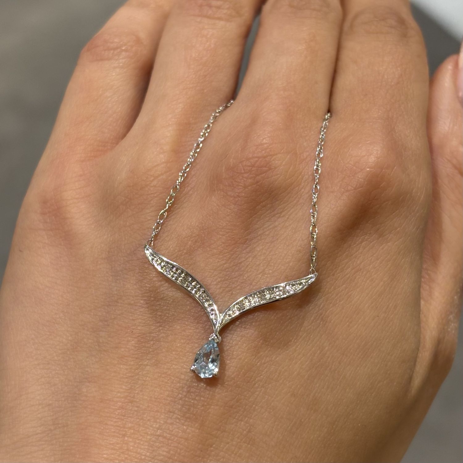 Pre-Owned 9ct White Gold 0.30ct Pear Cut Aquamarine &amp; Diamond Wishbone Necklace