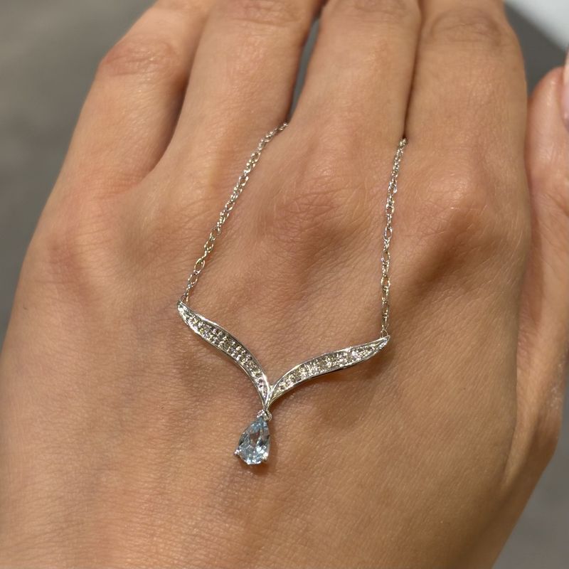 Pre-Owned 9ct White Gold 0.30ct Pear Cut Aquamarine &amp; Diamond Wishbone Necklace