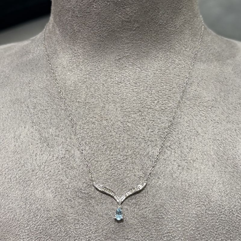 Pre-Owned 9ct White Gold 0.30ct Pear Cut Aquamarine & Diamond Wishbone Necklace