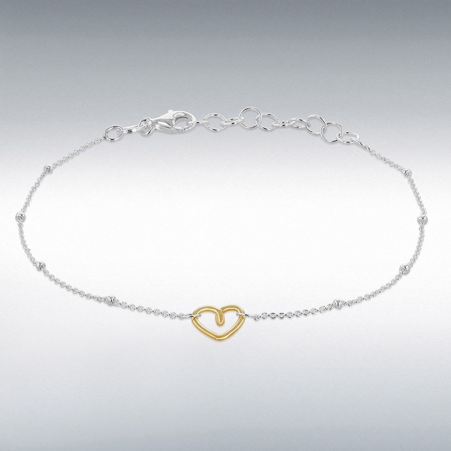 Sterling Silver Gold Plated Heart Trace and Ball Bracelet