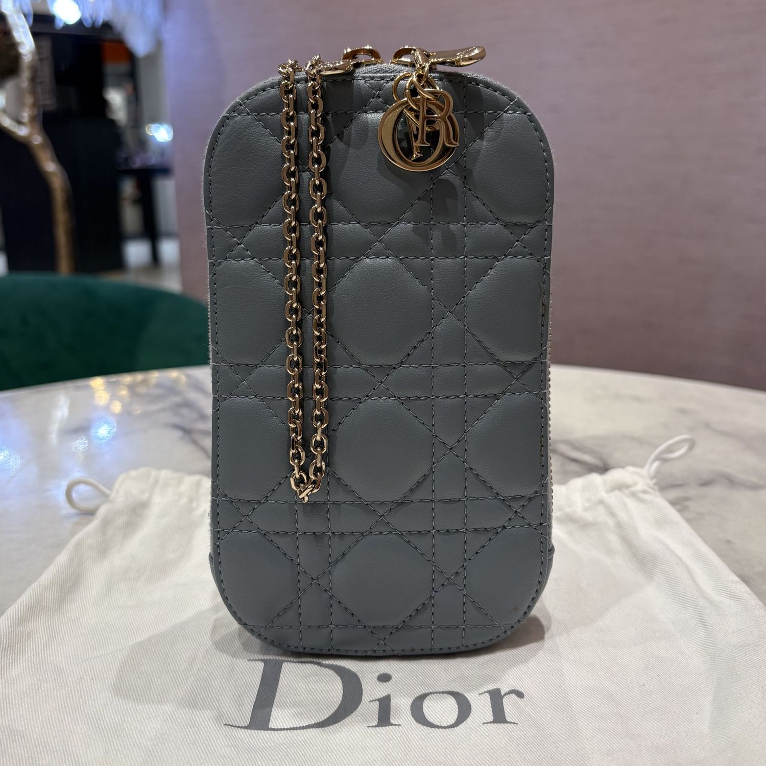 Pre-Owned Dior Call'in Phone Holder in Cloud Blue Cannage Lambskin