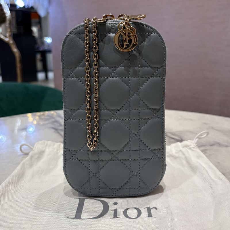 Pre-Owned Dior Call'in Phone Holder in Cloud Blue Cannage Lambskin