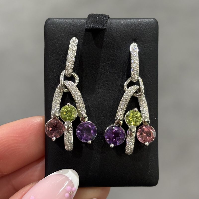 Pre-Owned 18ct White Gold Multi-Gemstone &amp; Diamond Drop Earrings