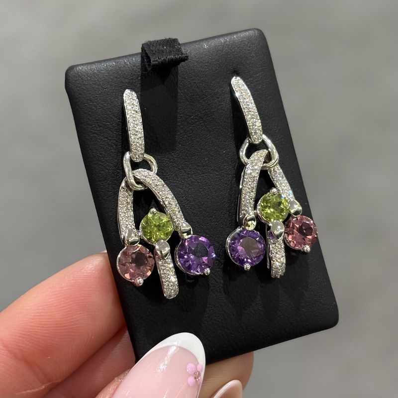 Pre-Owned 18ct White Gold Multi-Gemstone &amp; Diamond Drop Earrings