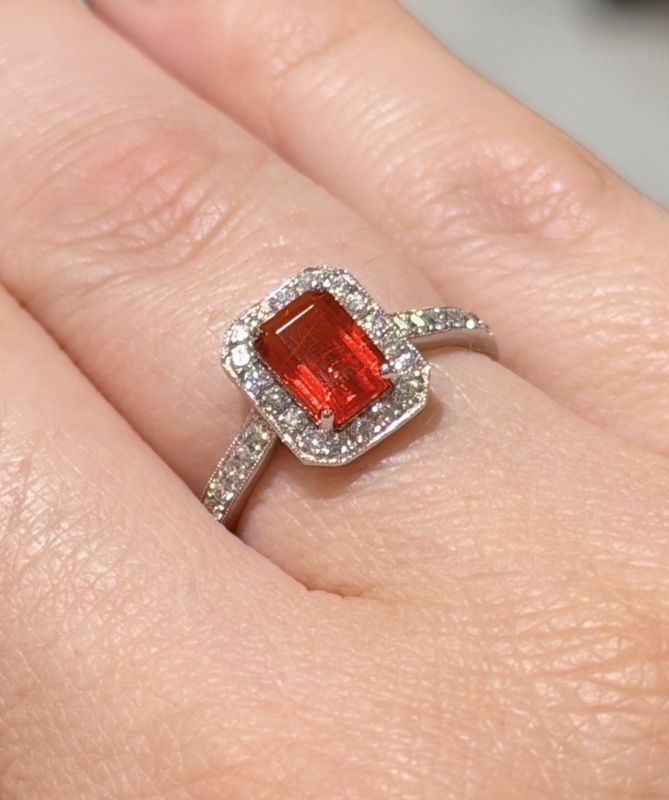 18ct White Gold 0.78ct Emerald-Cut Fire Opal & 0.35ct Diamond Cluster Ring 18ct White Gold 0.78ct Emerald-Cut Fire Opal & 0.35ct Diamond Cluster Ring