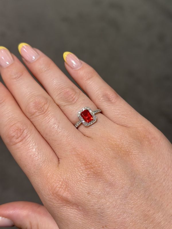18ct White Gold 0.78ct Emerald-Cut Fire Opal & 0.35ct Diamond Cluster Ring