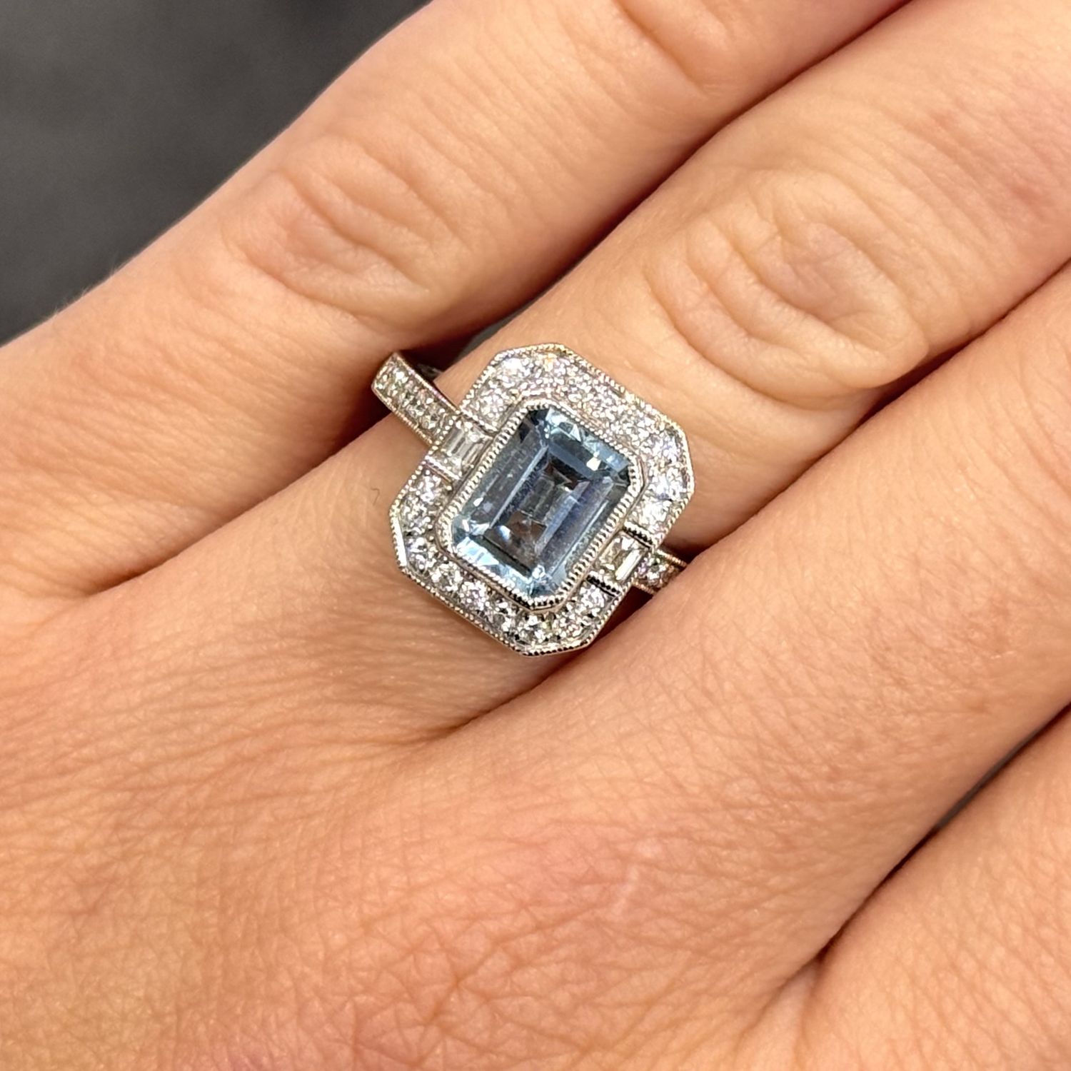 18ct White Gold 1.40ct Aquamarine & 0.43ct Diamond Vintage-Style Cluster Ring 18ct White Gold 1.40ct Aquamarine & 0.43ct Diamond Vintage-Style Cluster Ring