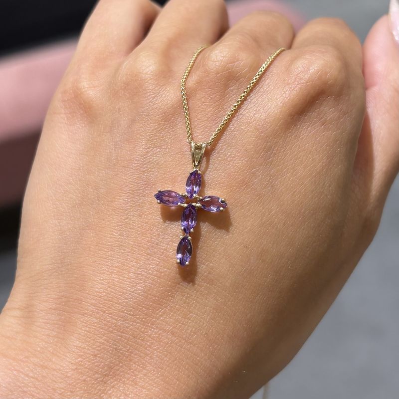 Pre-Owned 9ct Yellow Gold 0.85ct Marquise Cut Amethyst Cross Pendant