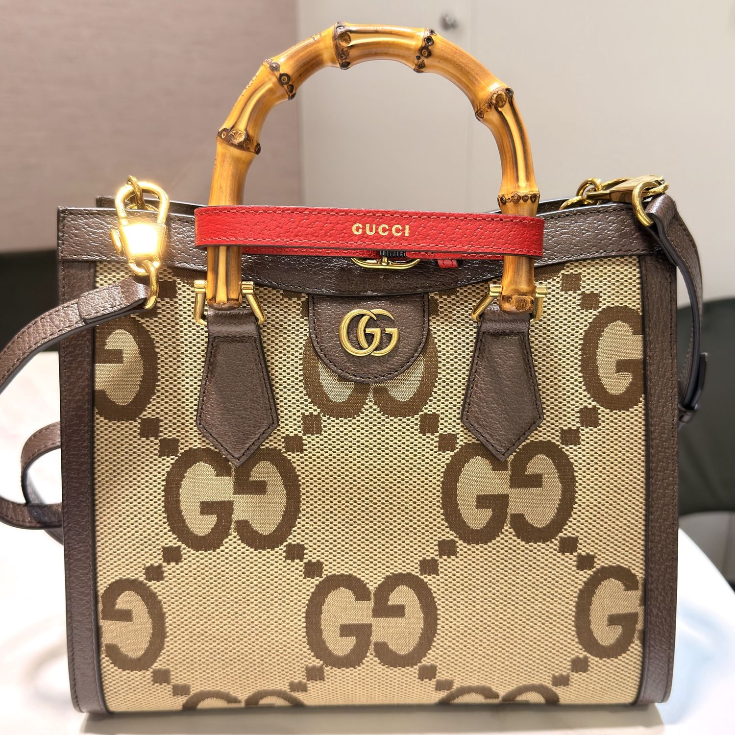 Pre-Owned Gucci Diana NM Bamboo Handle Jumbo GG Canvas Small Tote Bag Pre-Owned Gucci Diana NM Bamboo Handle Jumbo GG Canvas Small Tote Bag