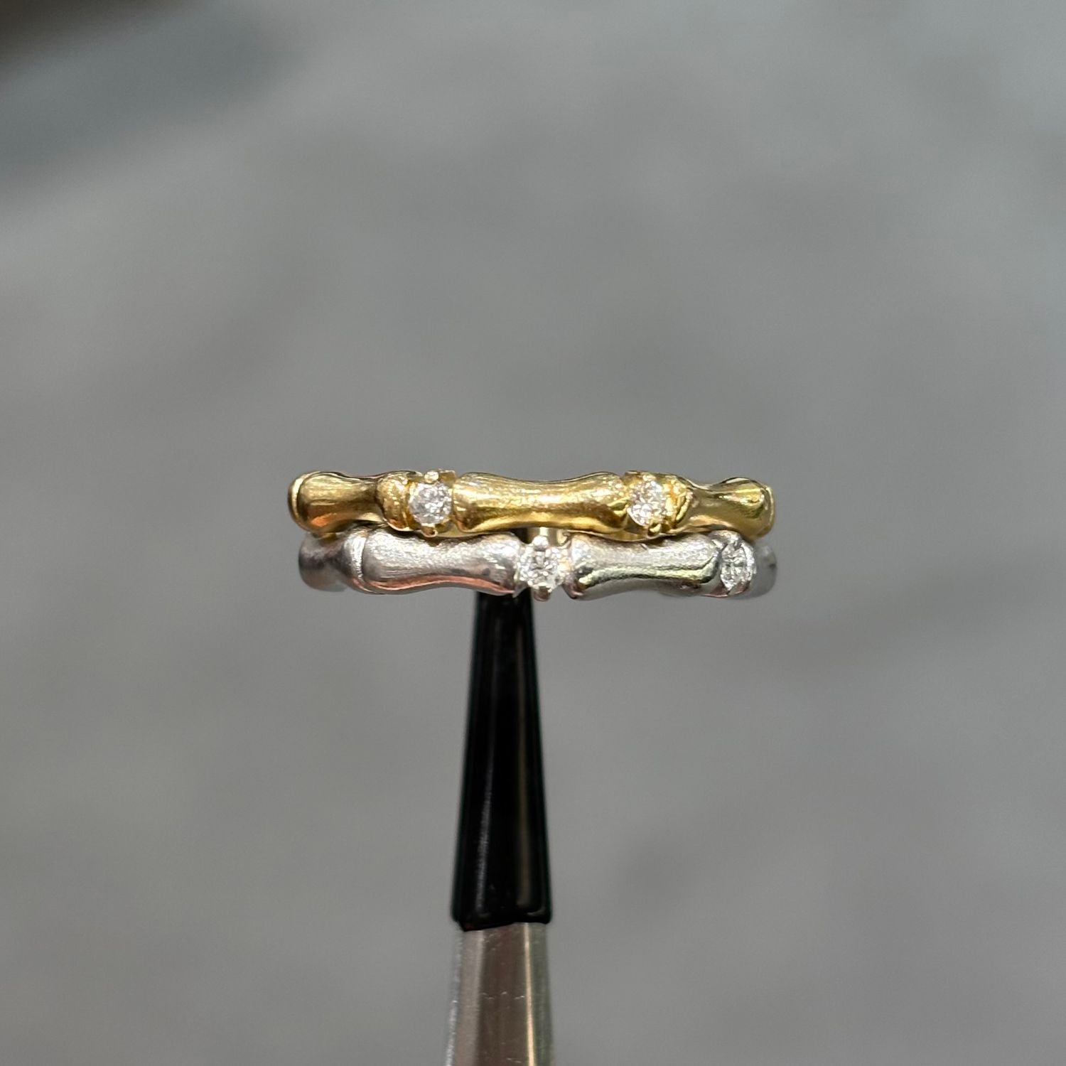 Pre-Owned 18ct Gold Two-tone Diamond Double Row Bamboo Style Ring,