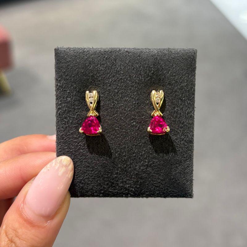 Pre-Owned 9ct Yellow Gold 1.40ct Trilliant Cut Ruby &amp; Diamond Drop Earrings