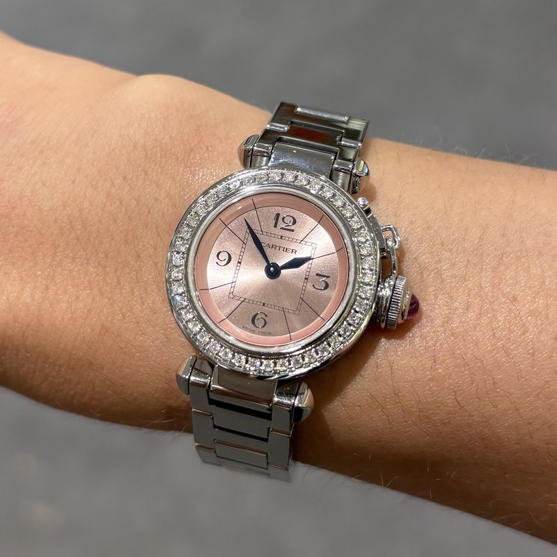 Pre-Owned Cartier Pasha Pink Dial Custom Diamond Set Ladies Watch 2973