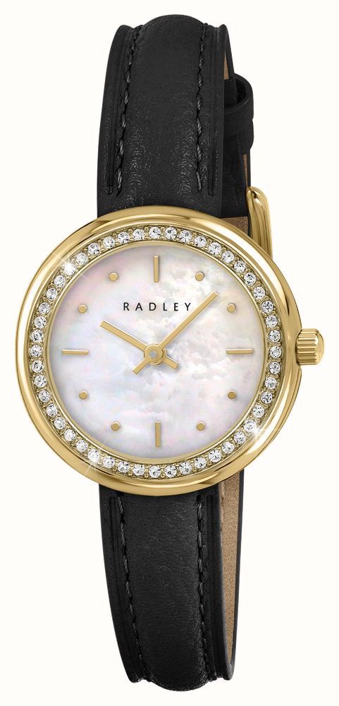 28mm Mother of Pearl Crystal Set Black Leather Strap Watch 28mm Mother of Pearl Crystal Set Black Leather Strap Watch