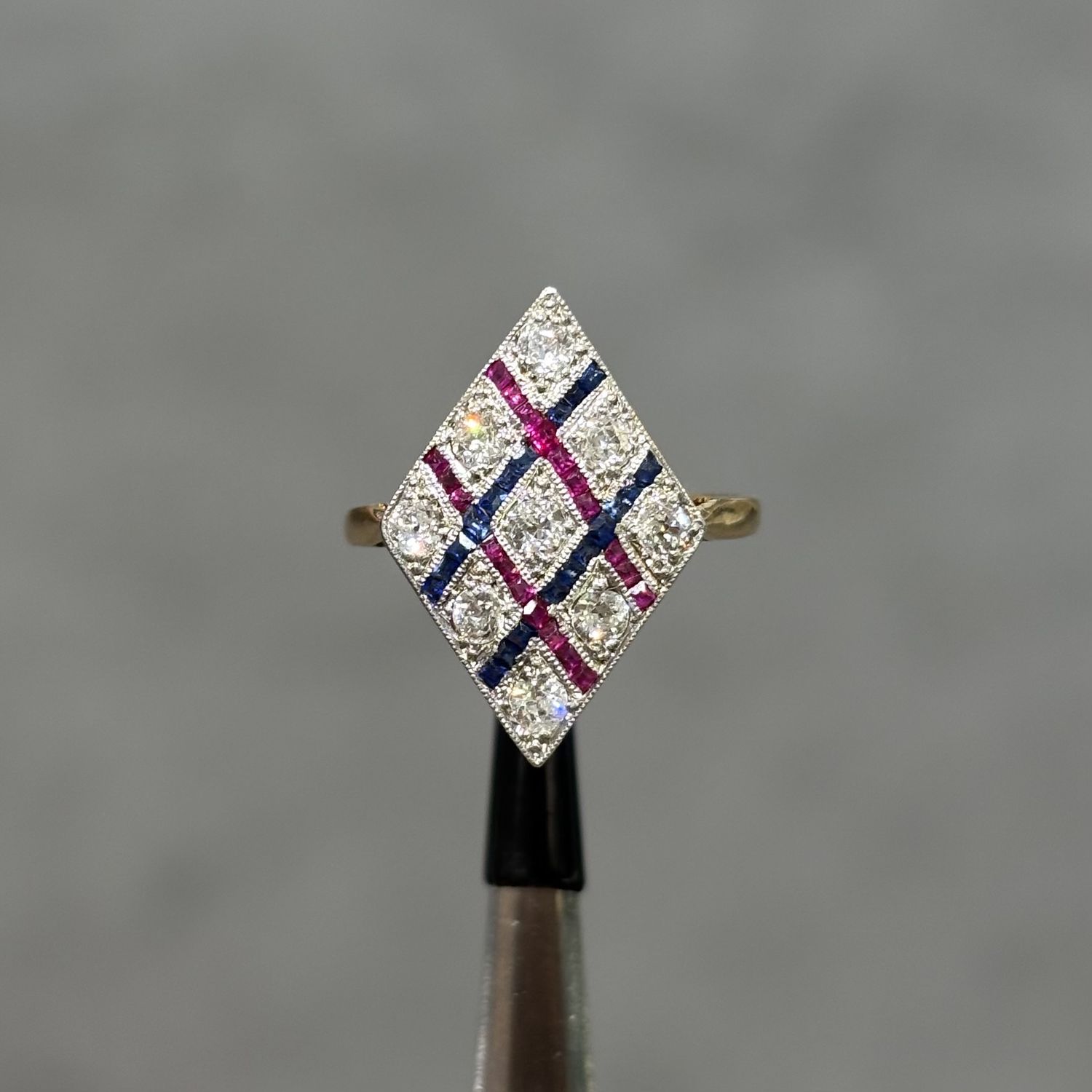 Pre-Owned Vintage Art Deco 0.66ct Old Cut Diamonds with Calibre cut Sapphire &amp; Ruby Rows Ring