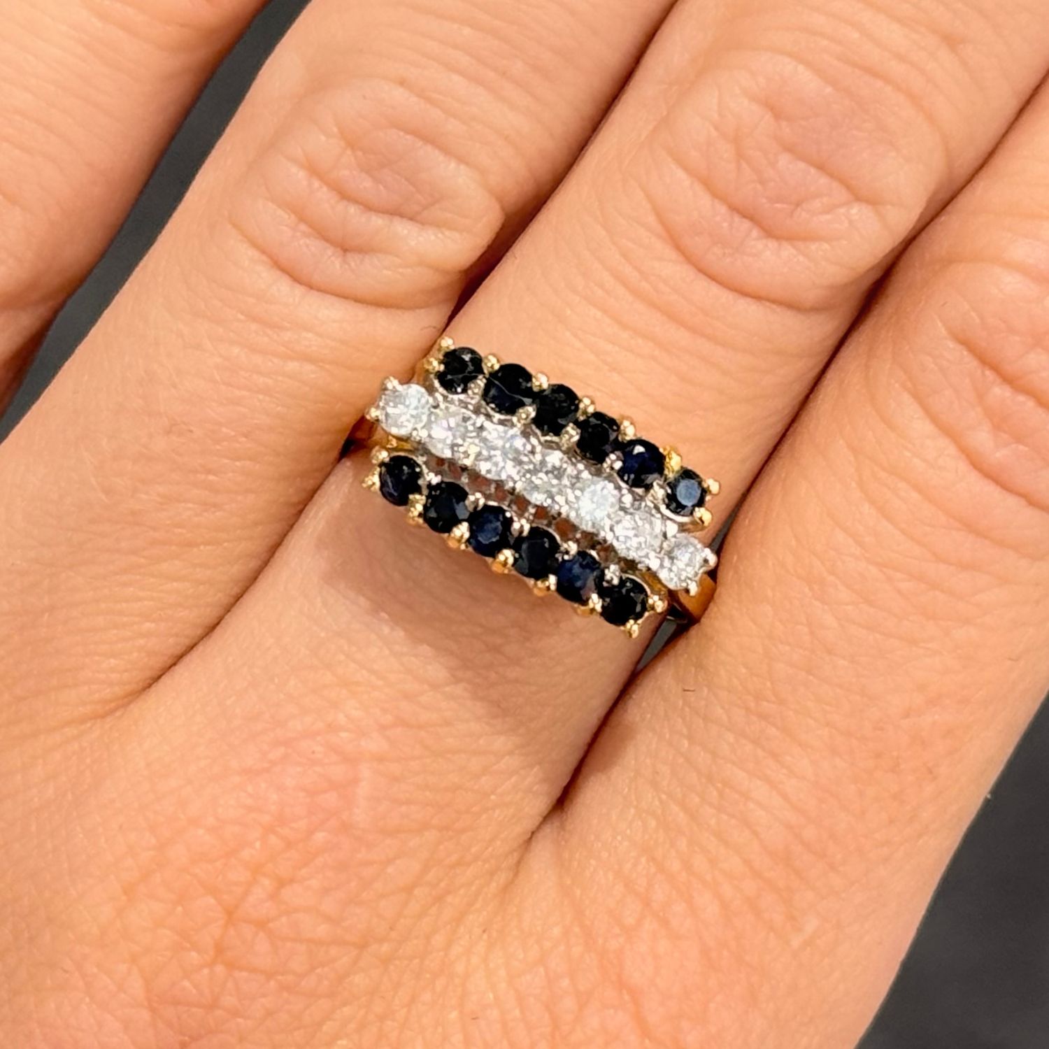 Pre-Owned 18ct Yellow Gold 0.42ct Diamond &amp; 0.60ct Sapphire Triple Row Ring