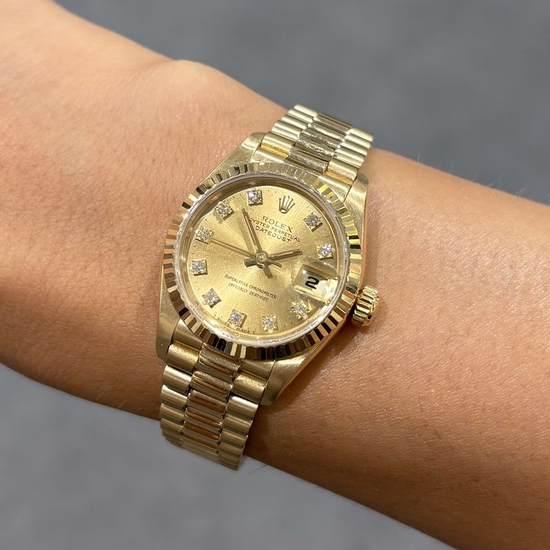 Pre-Owned Rolex 18ct Yellow Gold Champagne Diamond Dial Ladies Datejust 69178