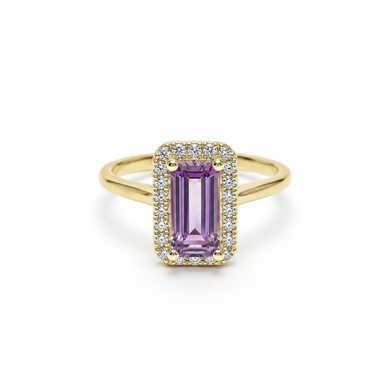 9ct Yellow Gold 1.06ct Elongated Amethyst & 0.14ct Diamond Halo Ring 9ct Yellow Gold 1.06ct Elongated Amethyst & 0.14ct Diamond Halo Ring