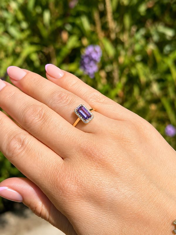 9ct Yellow Gold 1.06ct Elongated Amethyst & 0.14ct Diamond Halo Ring
