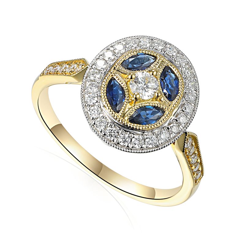 18ct Yellow Gold &amp; Platinum Sapphire &amp; Diamond Art-Deco Inspired Cluster Ring