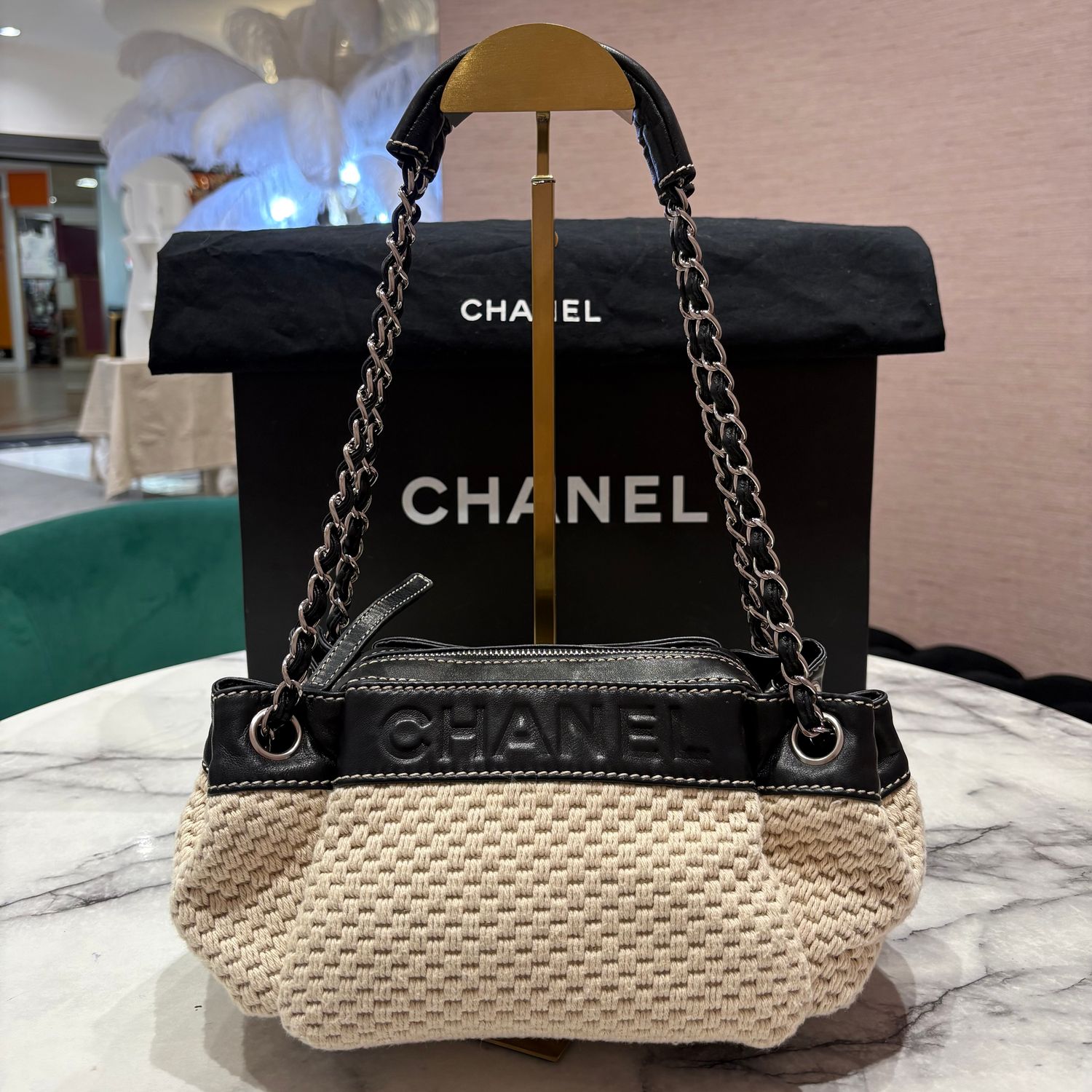 Pre-Owned Chanel LAX Accordion Bag in Woven Beige Fabric &amp; Black Leather Trim