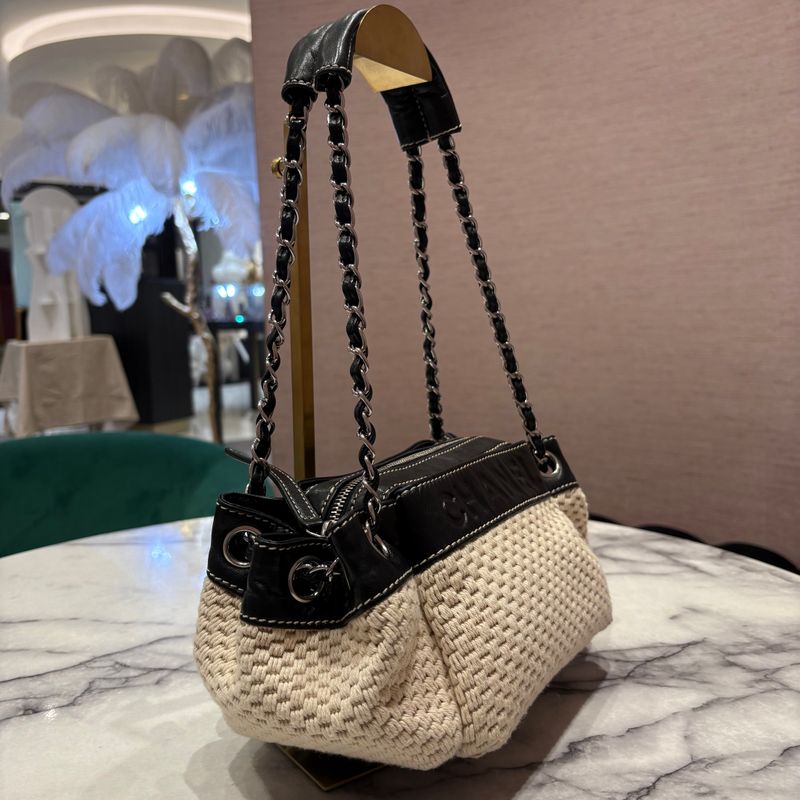 Pre-Owned Chanel LAX Accordion Bag in Woven Beige Fabric &amp; Black Leather Trim