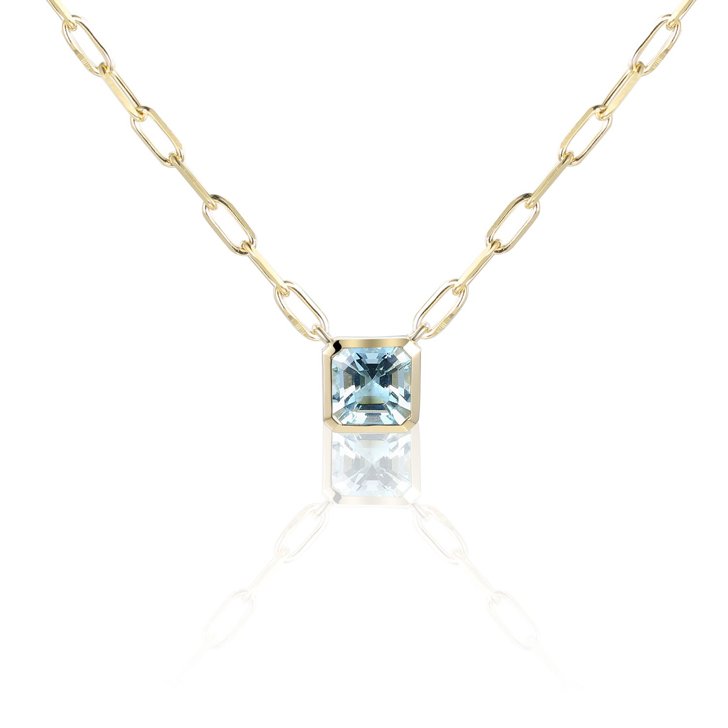 9ct Yellow Gold Step-Cut 0.60ct Aquamarine Rubover Pendant on Paperlink Chain