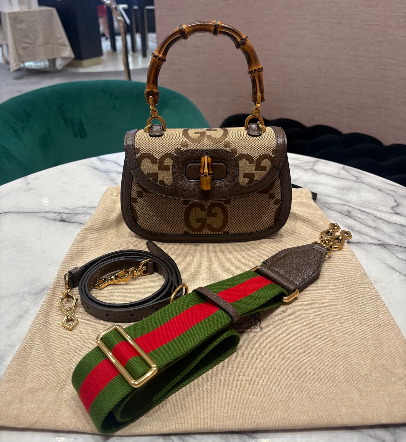 Pre-Owned Gucci Horsebit 1947 Small Bamboo Top Handle Bag in Jumbo GG Camel Supreme &amp; Ebony Brown Calfskin