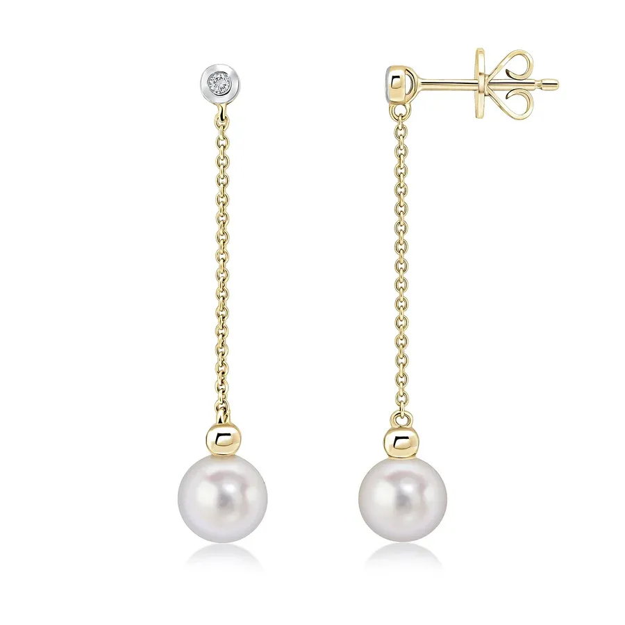 9ct Yellow Gold Pearl & Diamond Chain Drop Earrings 9ct Yellow Gold Pearl & Diamond Chain Drop Earrings