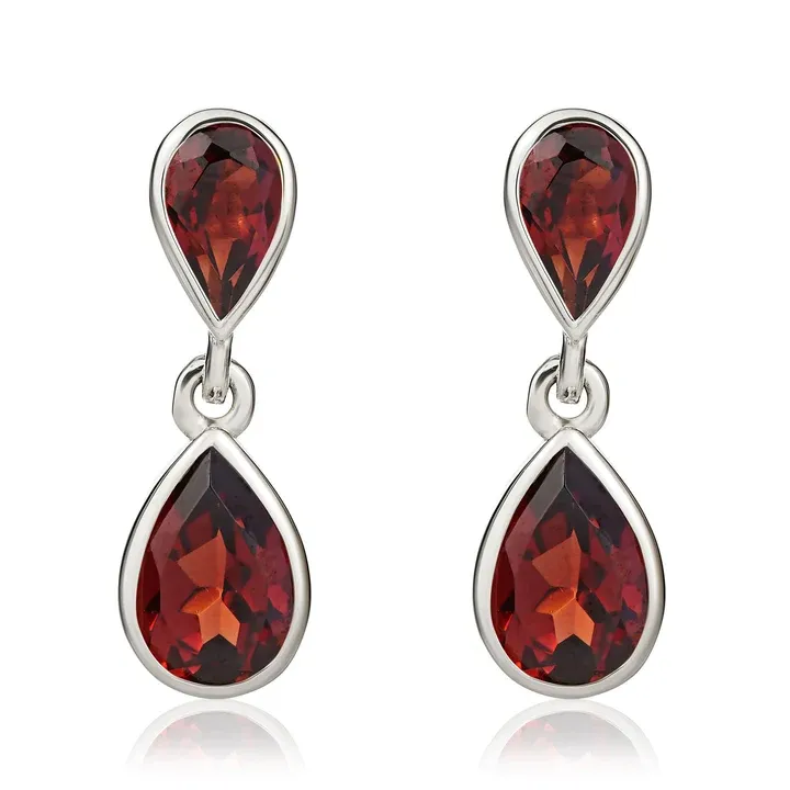 9ct White Gold Pear Shaped Garnet Double Stone Rubover Drop Earrings 9ct White Gold Pear Shaped Garnet Double Stone Rubover Drop Earrings
