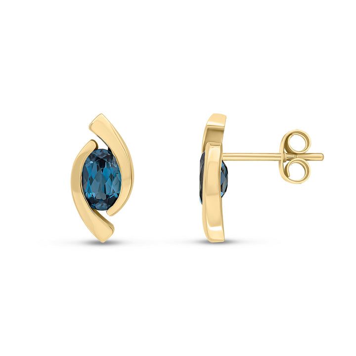 9ct Yellow Gold Oval London Blue Topaz 'Eye' Stud Earrings