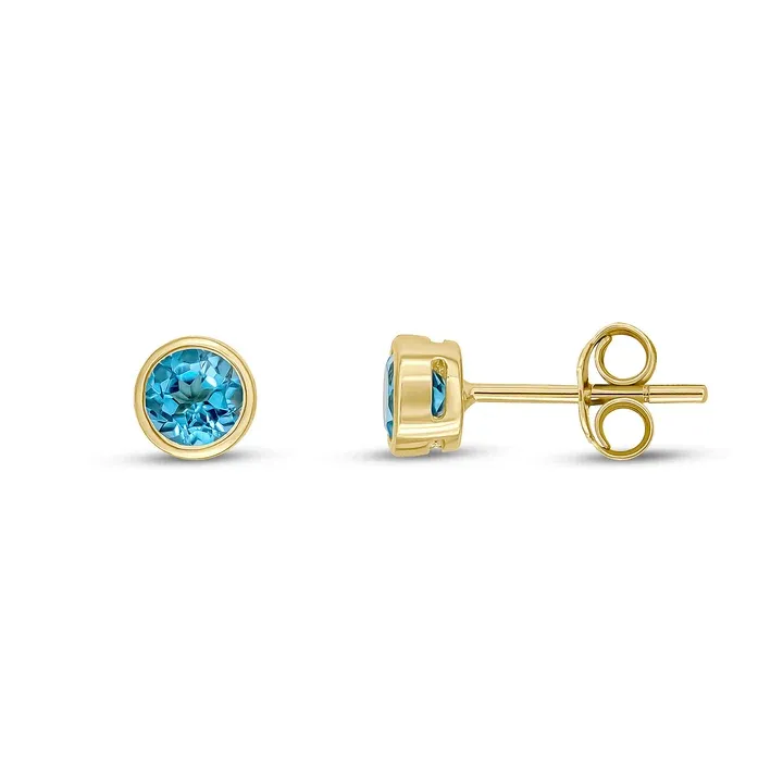 9ct Yellow Gold Round Swiss Blue Topaz Rubover Stud Earrings 4mm