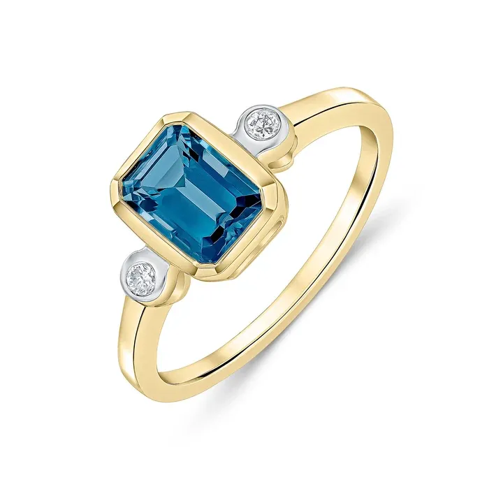 9ct Yellow Gold Octagonal London Blue Topaz &amp; Diamond Three Stone Ring