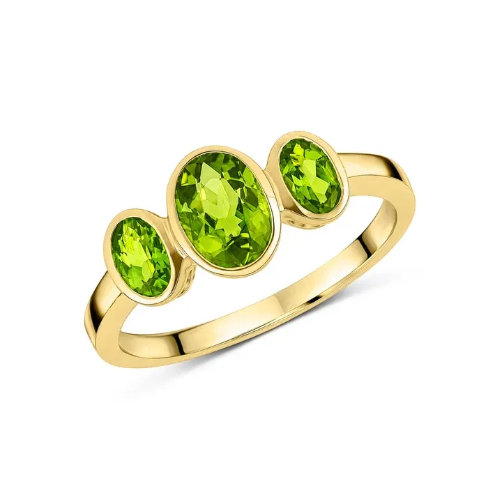 9ct Yellow Gold Oval Peridot Rubover Three Stone Ring