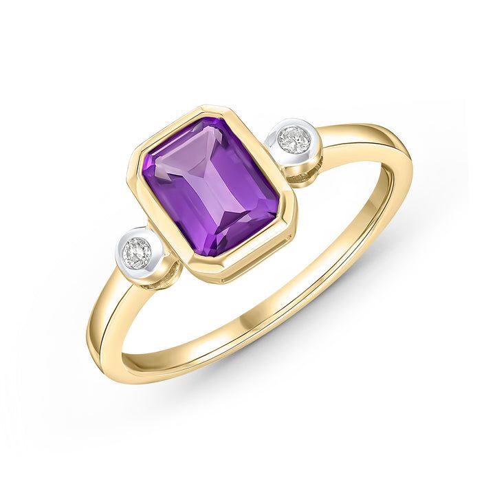 9ct Yellow Gold Octagonal Amethyst &amp; Diamond Three Stone Ring