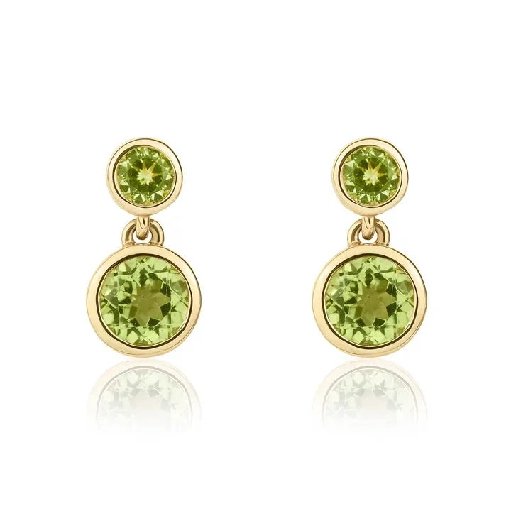 9ct Yellow Gold Round Peridot Double Stone Rubover Drop Earrings 9ct Yellow Gold Round Peridot Double Stone Rubover Drop Earrings