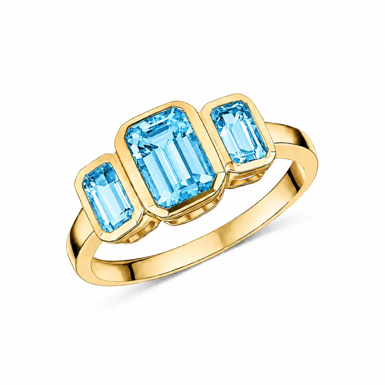 9ct Yellow Gold Octagon Swiss Blue Topaz Rubover Set Three Stone Ring