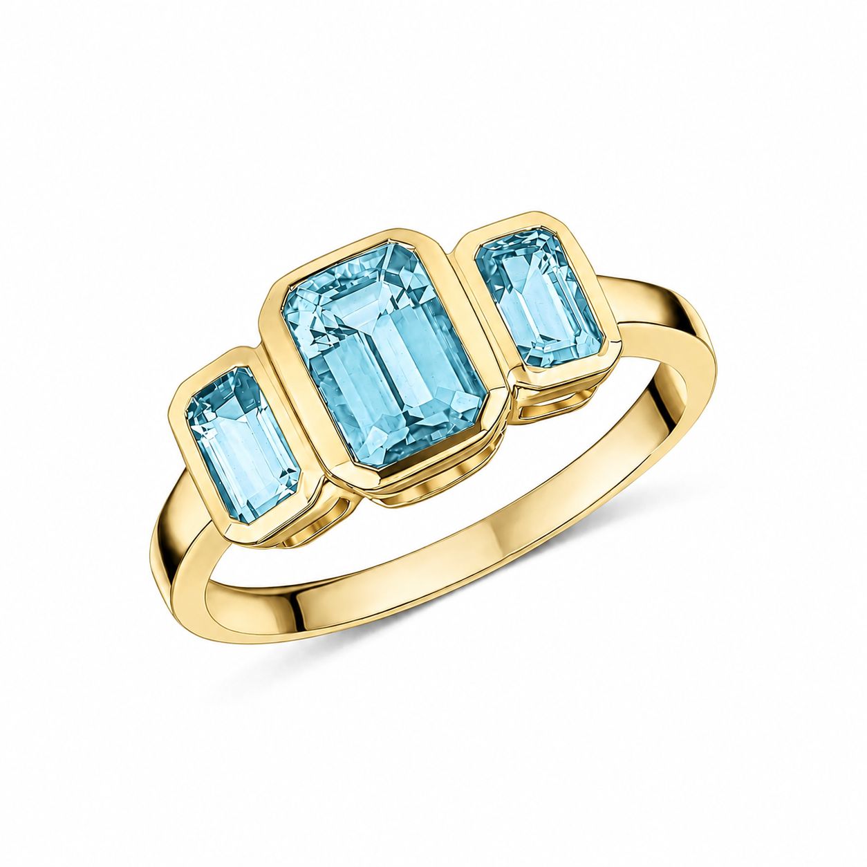 9ct Yellow Gold Octagon Aquamarine Rubover Set Three Stone Ring 9ct Yellow Gold Octagon Aquamarine Rubover Set Three Stone Ring