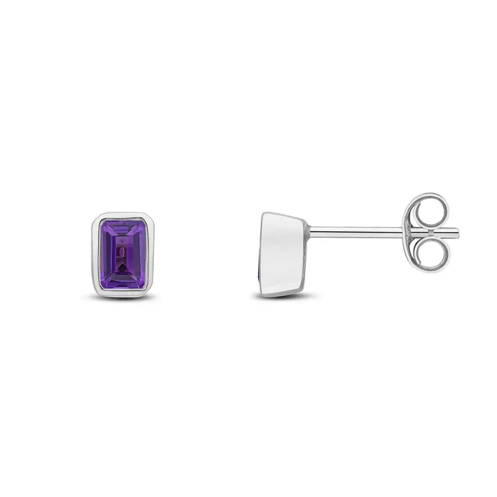 9ct White Gold Octagonal Amethyst Rubover Stud Earrings 9ct White Gold Octagonal Amethyst Rubover Stud Earrings