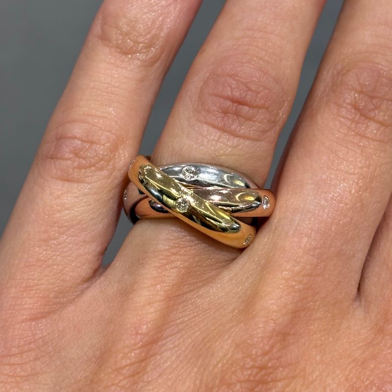 Pre-Owned Cartier 18ct Tri-Colour Gold Diamond Russian Wedding Band Ring