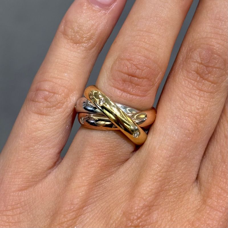 Pre-Owned Cartier 18ct Tri-Colour Gold Diamond Russian Wedding Band Ring