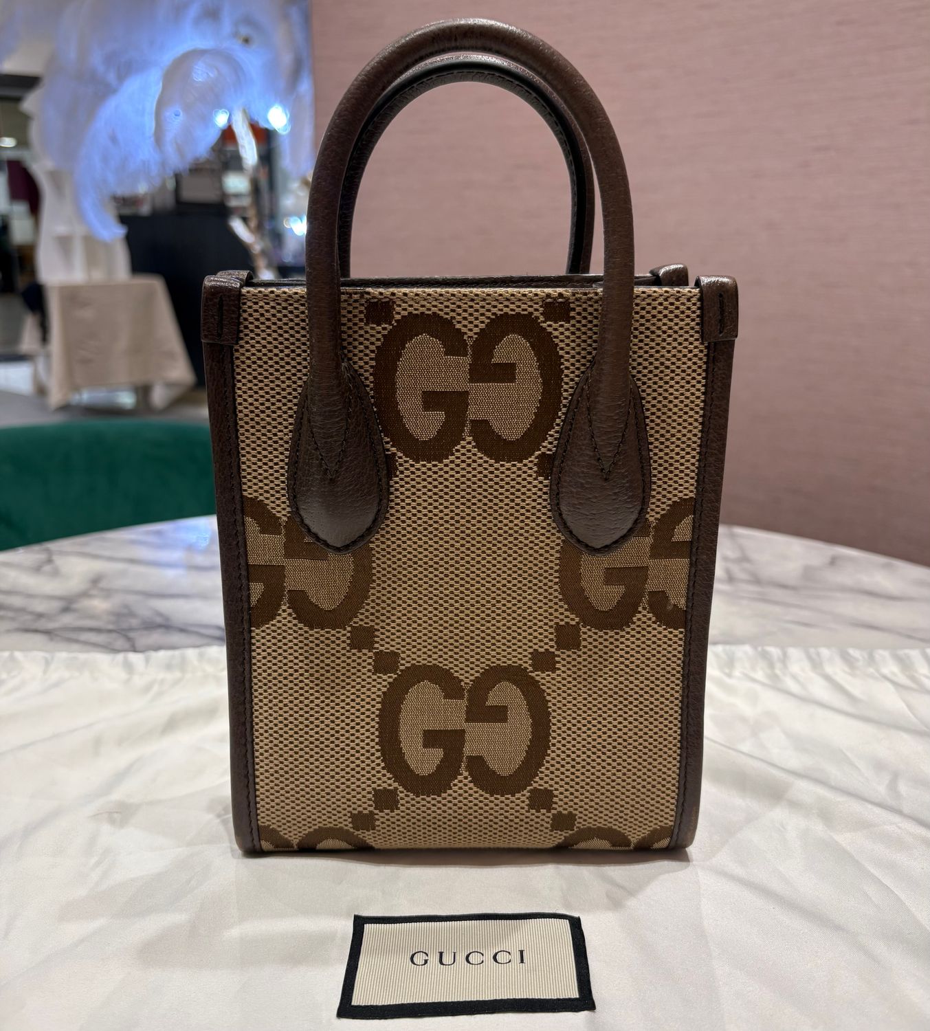 Pre-Owned Gucci Monogram Web Mini Vertical Tote Bag in Jumbo GG Camel Supreme &amp; Ebony Brown Calfskin