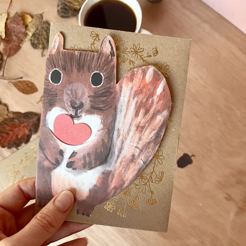Valentines Card  - Squirrel  with Heart &amp; Acorn