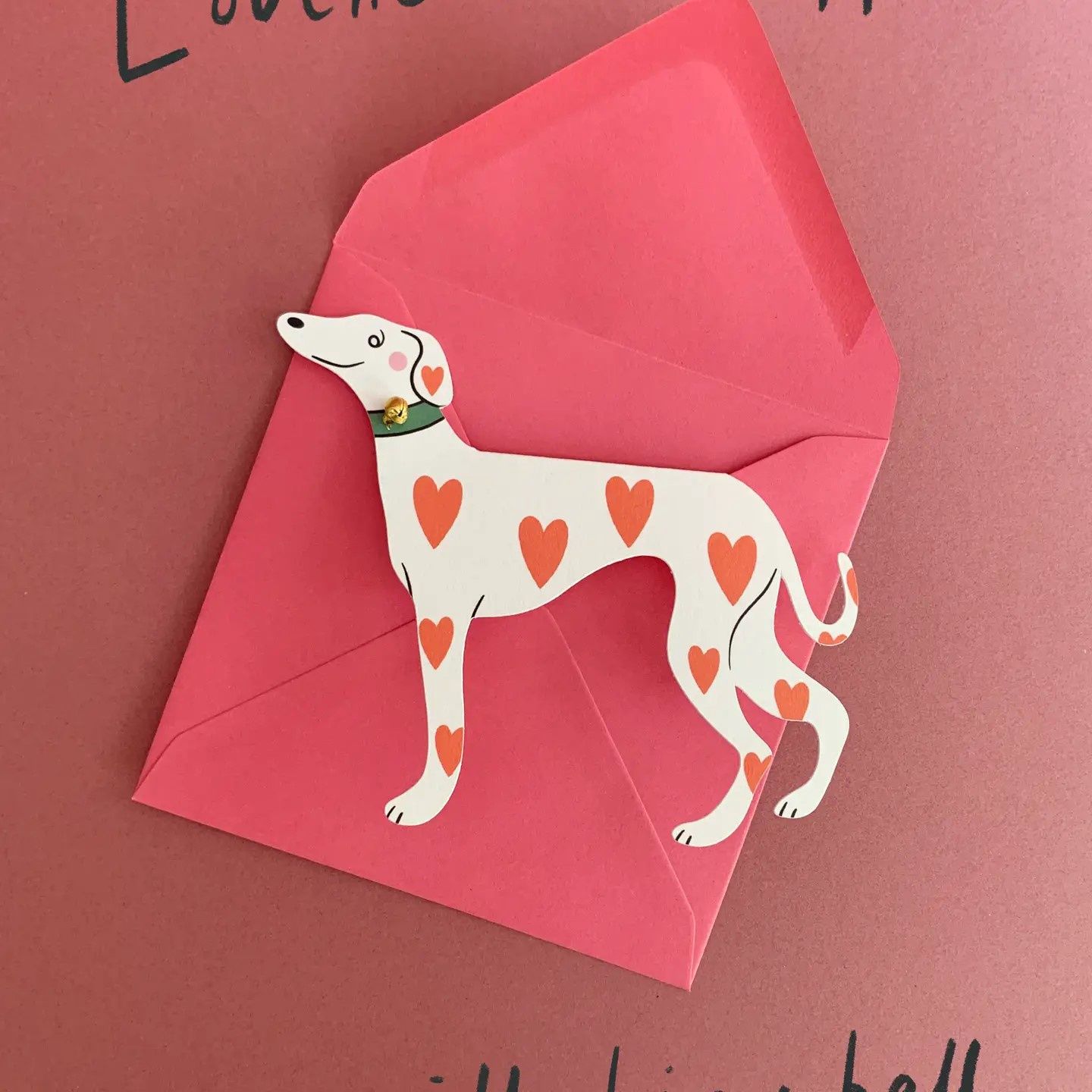 Valentines Card - Whippet with Hearts &amp; Bell